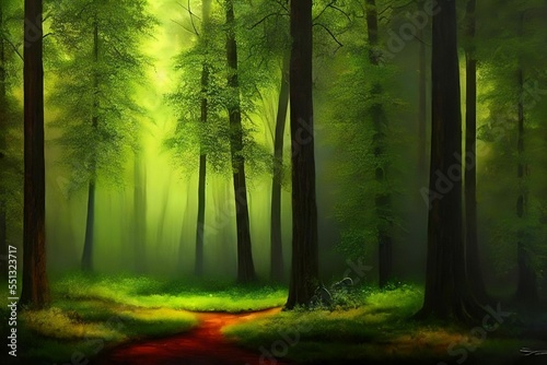 Beautiful 3D Nature and landscape wallpaper with a sunshine view  green forest  pine trees and misty sky 
