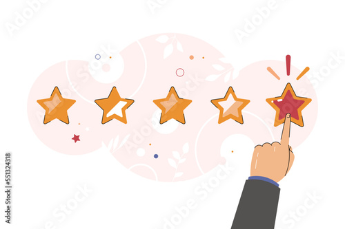 Customer experience or customer review by giving rating 5 stars concept. Good rate, positive experience. Feedback, reputation and quality concept. and pointing, finger push to one star rating. 