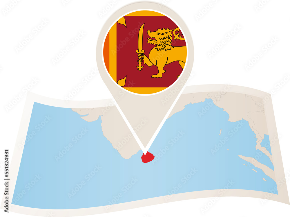 Folded paper map of Sri Lanka with flag pin of Sri Lanka. Stock