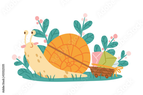 Fototapeta Naklejka Na Ścianę i Meble -  Cute Snail Character with Coiled Shell Pulling Trolley with Envelope Vector Illustration