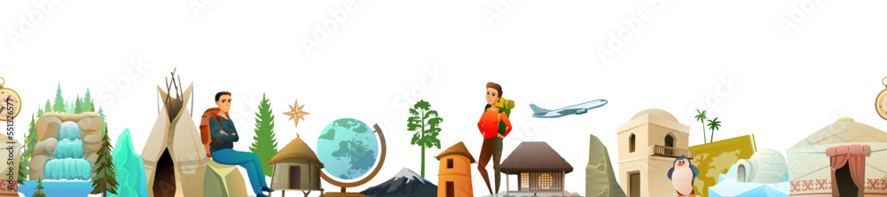 World geography. Seamless bottom border. Cartoon style. Travel items and plants trees of climatic zones. Dwellings of different peoples of countries. Isolated on white background. Vector.