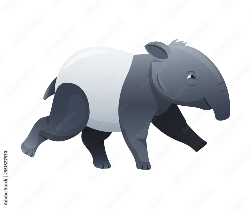 Cute Malayan Tapir Running as Asian Animal with White Patch and Short Nose Trunk Vector Illustration