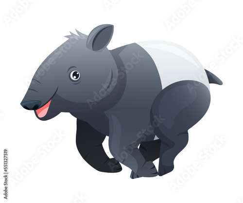 Cute Malayan Tapir Running as Asian Animal with White Patch and Short Nose Trunk Vector Illustration