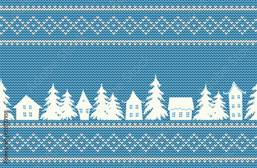 Winter village on holiday background. Christmas pattern. Seamless border. White silhouettes of houses and fir trees on light blue knitted background. Vector illustration