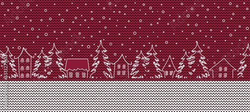 Christmas background. Winter village. Seamless border. White silhouettes of houses and fir trees on red knitted background. Vector illustration