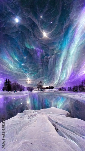Magical aurora lights on the sky with stars in purple and blue colors, winter wonderland landscape, Christmas and New Year card background 