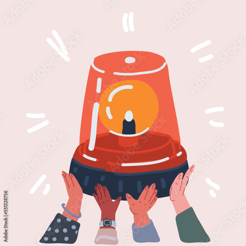 Vector illustration of Emergency siren. Police alarm in human hands. Medical or police alert business.