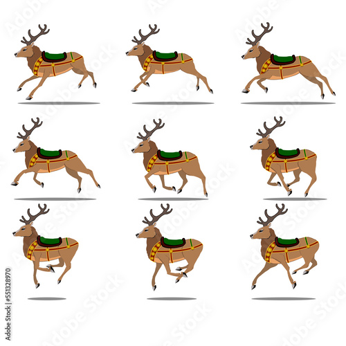 Reindeers in different running poses isolated on white