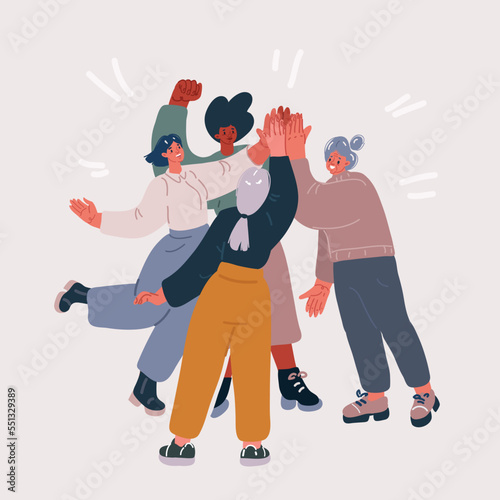 Vector illustration of Happy people giving high five. Friends greeting or supporting each other. Informal hi gesture. Concept of friendship, partnership and success. Flat vector illustration