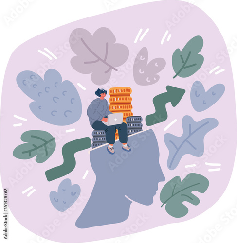 Vector illustration of Women's Equal Pay Day Woman and money, Working succesful person sitting on human head and use laptop. Increase graph and stack coin