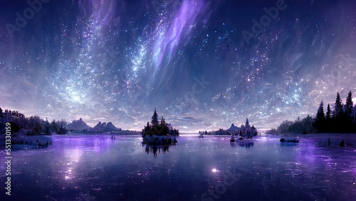 Purple aurora over the sea, winter solstice covered with snow, Christmas wallpaper © FantasyEmporium