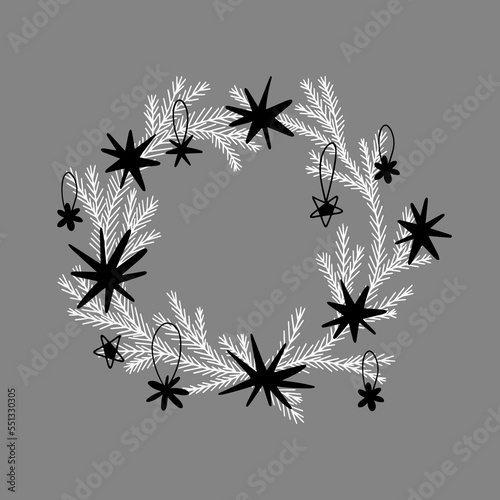 Christmas wreath in doodle style on a gray background for postcard design in a minimalistic style.