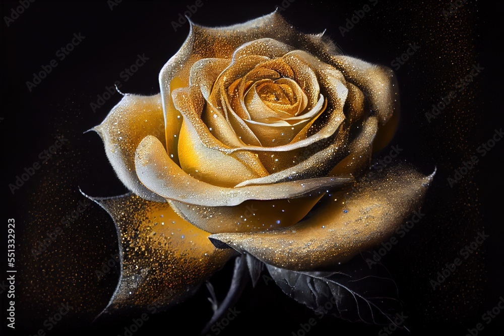  a yellow rose with water droplets on it's petals and a black background with a black background and a white rose with water droplets on it. Generative AI - obrazy, fototapety, plakaty 