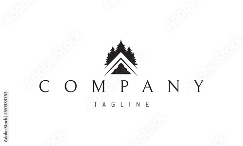 Vector logo on which an abstract image of the roof of a house with pine trees on top and a mountain below.