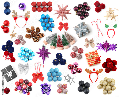 Set of many Christmas decorations isolated on white, top view