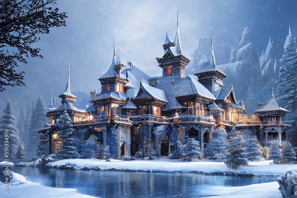 Snow-covered landscape with a castle. Snow-covered landscape with a castle.