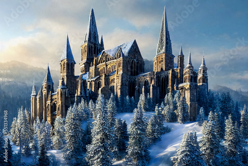 Fotografia Snow-covered landscape with a castle.