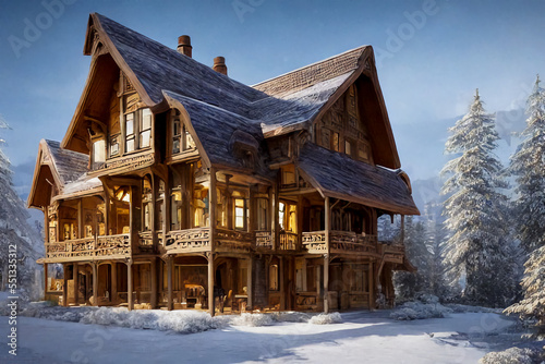 Wooden house in a snowy forest.