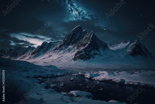 snowy mountains in the night