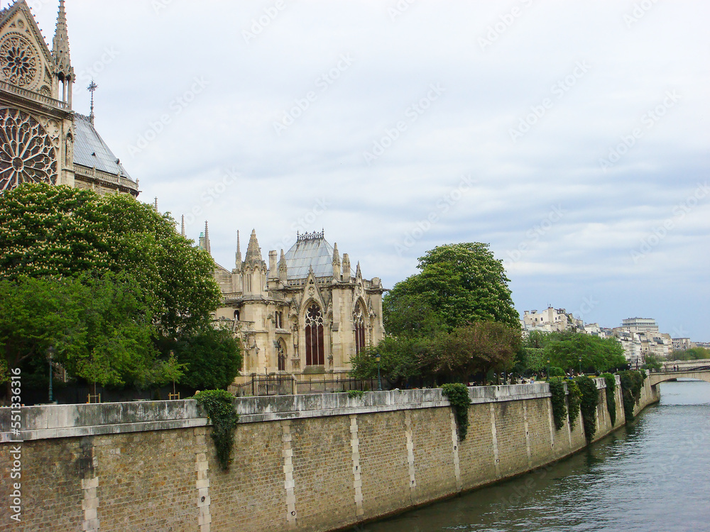 Panoramic view of notre dame anf river on a spring day. Paris. France.