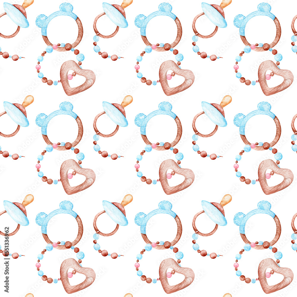 Wooden pacifier set watercolor illustration. Seamless pattern on a white background. children's accessories.