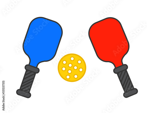 Pickle ball and bat.Tournament template.Pickleball and paddle.Sign, symbol, icon or logo isolated.Banner design.Relaxing and playing.Sport concept.Cartoon vector illustration.Flat design.Clipart.
