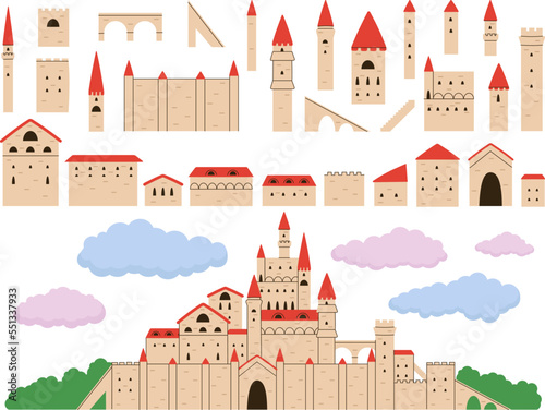 Medieval castle constructor. Castles roof tower, roman monument. Ancient bastion or fortress exterior elements. Decent history architecture vector set