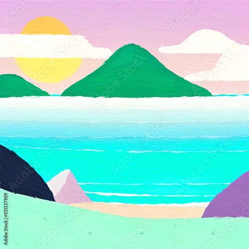 Digital art painting - sea and mountains tropical landscape. Simple forms illustration. Graphic drawing paradise resort in pastel colors.