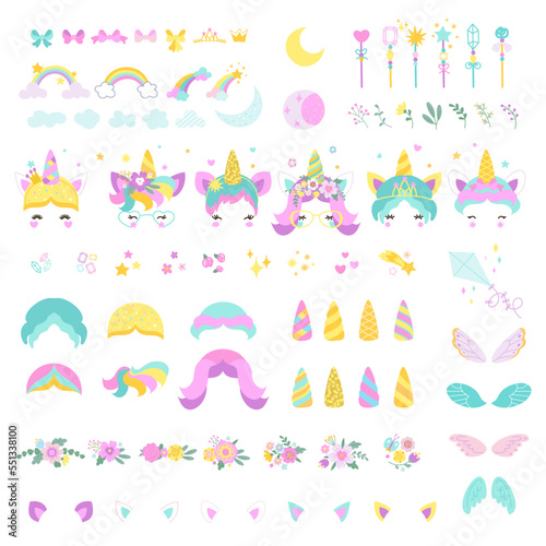 Pony unicorn face constructor, child game or print make bundle. Magic unicorns elements, ears hair and fairy stick. Party nowaday vector set