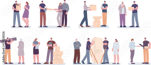 People moving new flat with cargo. Food delivery boy service, parcels and cargo. Person and packaging, delivering worker. Kicky vector courier with box