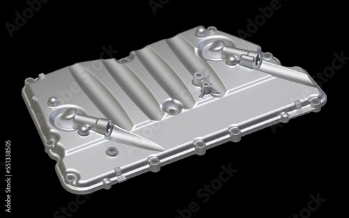 Aluminium oil cooler truck spare part on black background 3D Rendering