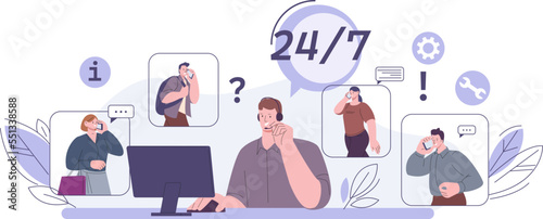 Professional online helping service. Virtual psychology help, man in headset with computer consult people. 24 hours support hotline, kicky characters vector concept