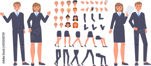 Cartoon business people constructor. Businessman and businesswoman creator, part of body, hair and emotions. Snugly office workers vector characters