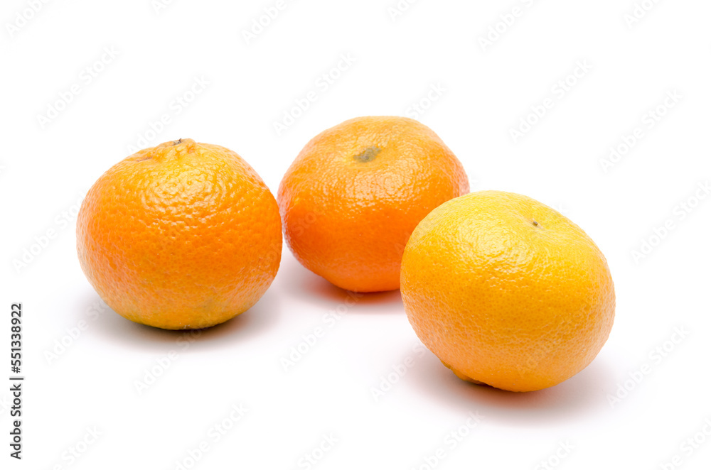 Three mandarin oranges or mandarines, Citrus reticulata, isolated on white background Three mandarin oranges or mandarines, Citrus reticulata, isolated on white background