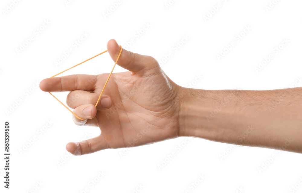 Man with yellow rubber band on white background Man with yellow rubber band on white background
