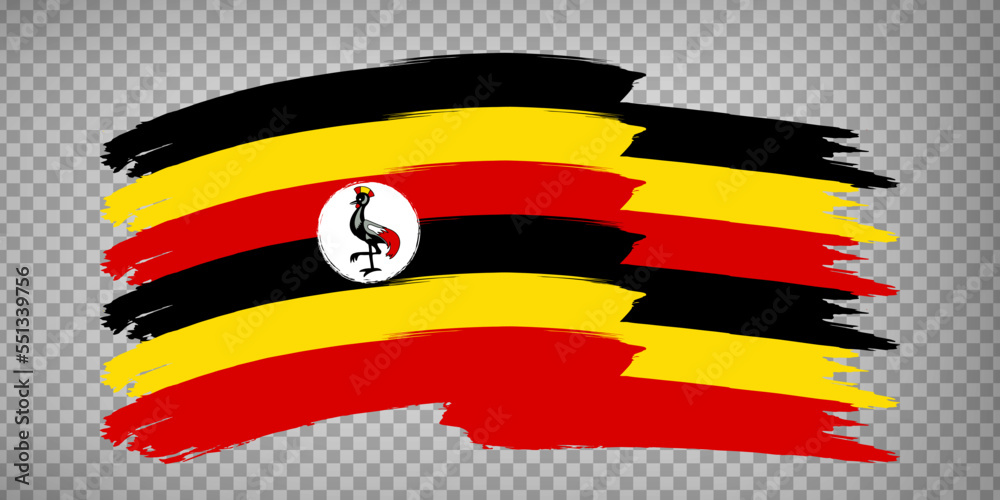 Naklejka premium Flag Uganda from brush strokes. Waving Flag Republic of Uganda on transparent background for your design, app, UI. EPS10.