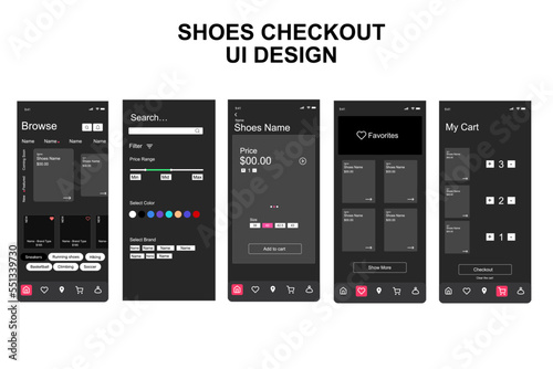 Online shoes ordering screens set for responsive mobile app or website. UI UX GUI user interface kit. vector illustration.