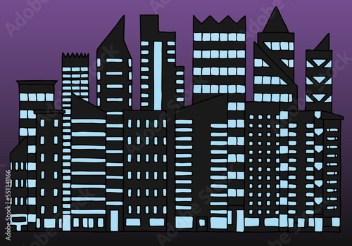City at night with skyscrapers during blackout. Hand Drawn. Freehand drawing. 