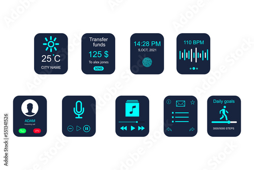 Fitness app UI UX screens for smart watches with multiple tracking options. smart watch Ui screen. vector illustration