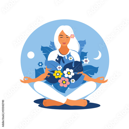 Girl sits on the floor in pose lotus and makes a breathing exercise. Health and wellbeing concept. Smiling girl cares about herself and her future. Vector illustration.
