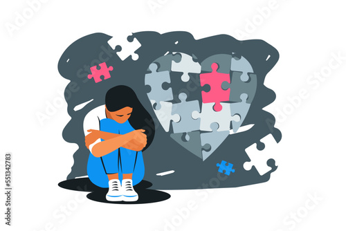 Concept of mental recovery after relationship breakup loss. Care after emotional and painful marriage divorce. Vector illustration