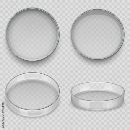Petri dish. Realistic transparent dishes for lab experiments medical pharmacy vessel for analysis decent vector template