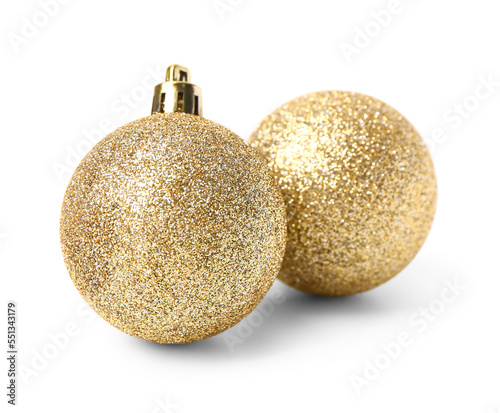 Golden Christmas balls on white background
