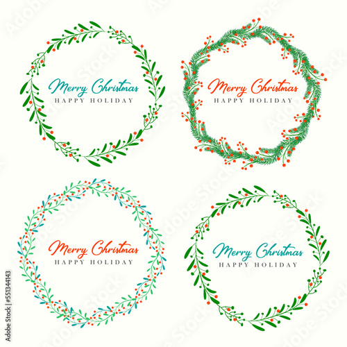 Christmas wreath and Christmas border set with fir branches, leaves and holly berries for greeting card and poster