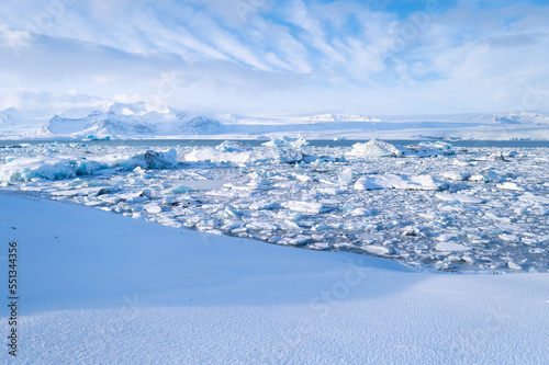 Iceland. Ice as a background. Vatnajokull National Park. Panoramic view of the ice lagoon. Winter landscapes in Iceland. Natural background. North country.