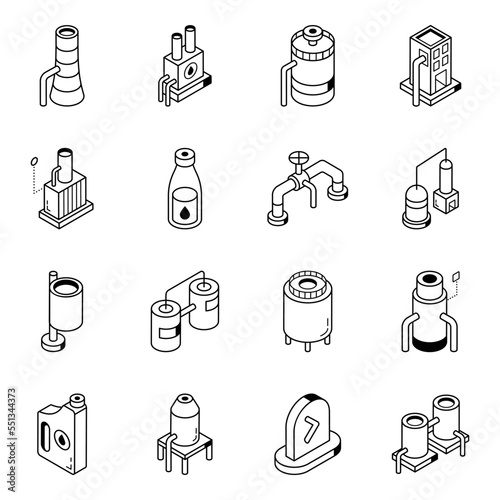Pack of Oil Production Isometric Line Icons 

