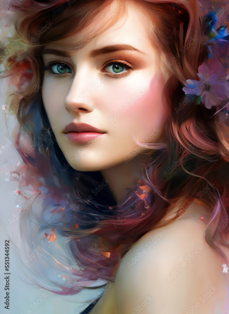 Colorful painting of a beautiful woman's face, Portrait of a beautiful woman with flowers