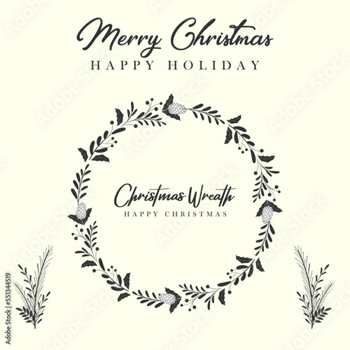 Christmas wreath with fir branches  leaves and holly berries in the style of hand drawn floral ornament for your greeting cards