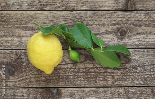 Lemon citrus on branch with leaves on wooden background. Top view. Photo from above.