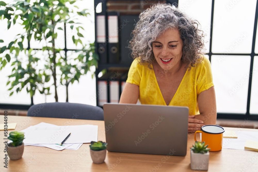 Middle age grey-haired woman business worker using laptop working at office Middle age grey-haired woman business worker using laptop working at office